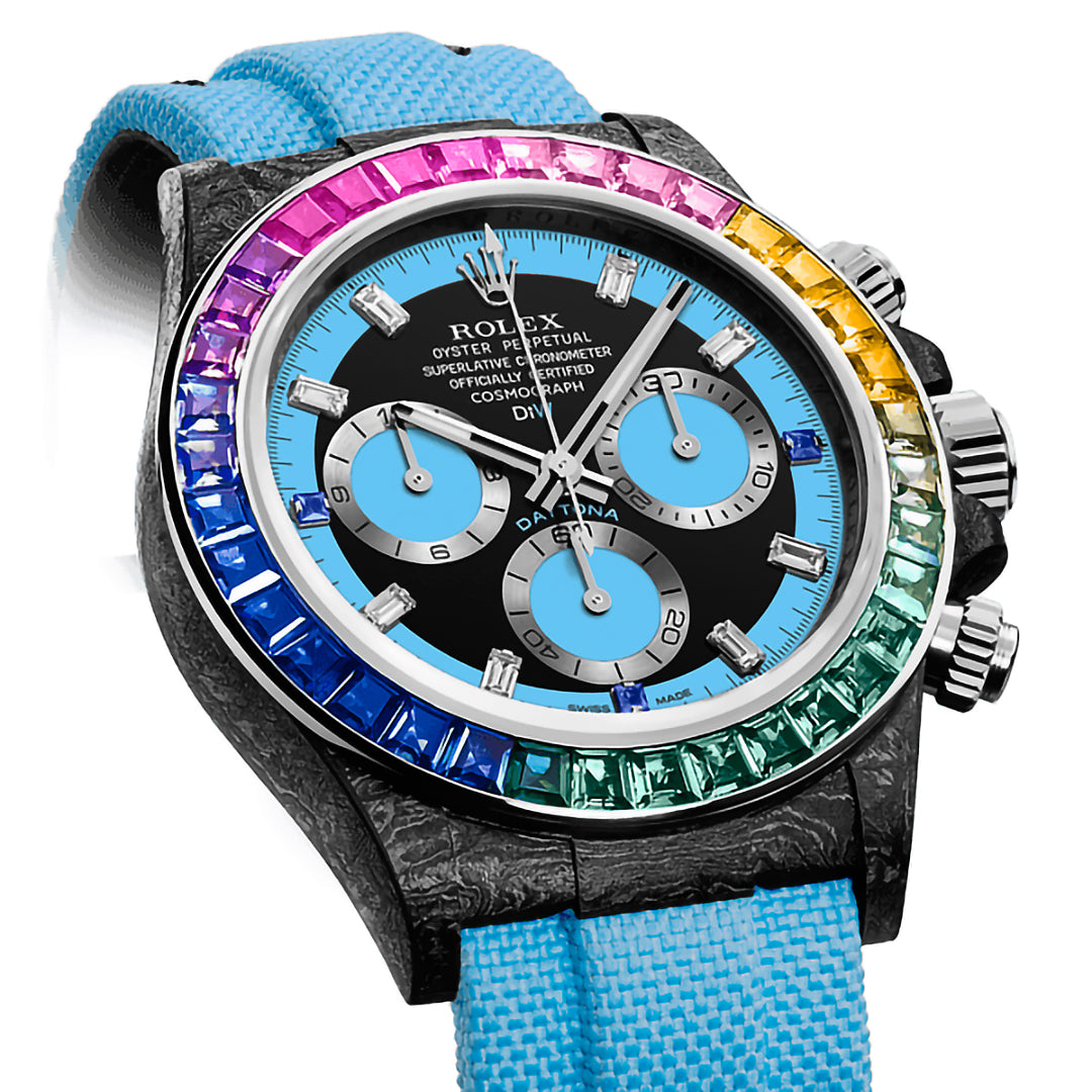 Rolex DiW Daytona RAINBOW BLUE Baguette Bezel Watch 碳纖 勞力士 地通拿 | WORLDTIMER