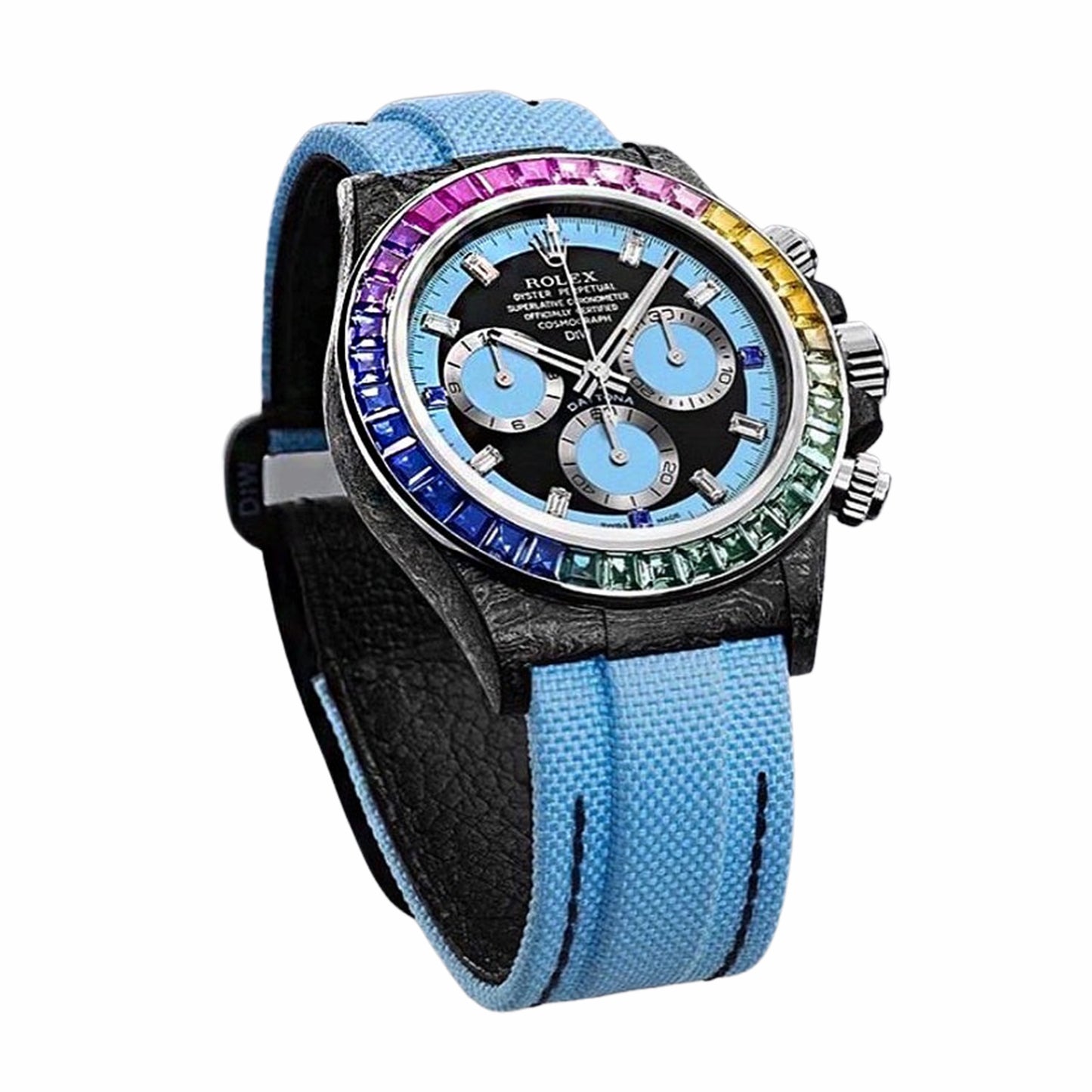 DiW Rolex Daytona RAINBOW BLUE Baguette Bezel Watch 碳纖 勞力士 地通拿 | WORLDTIMER