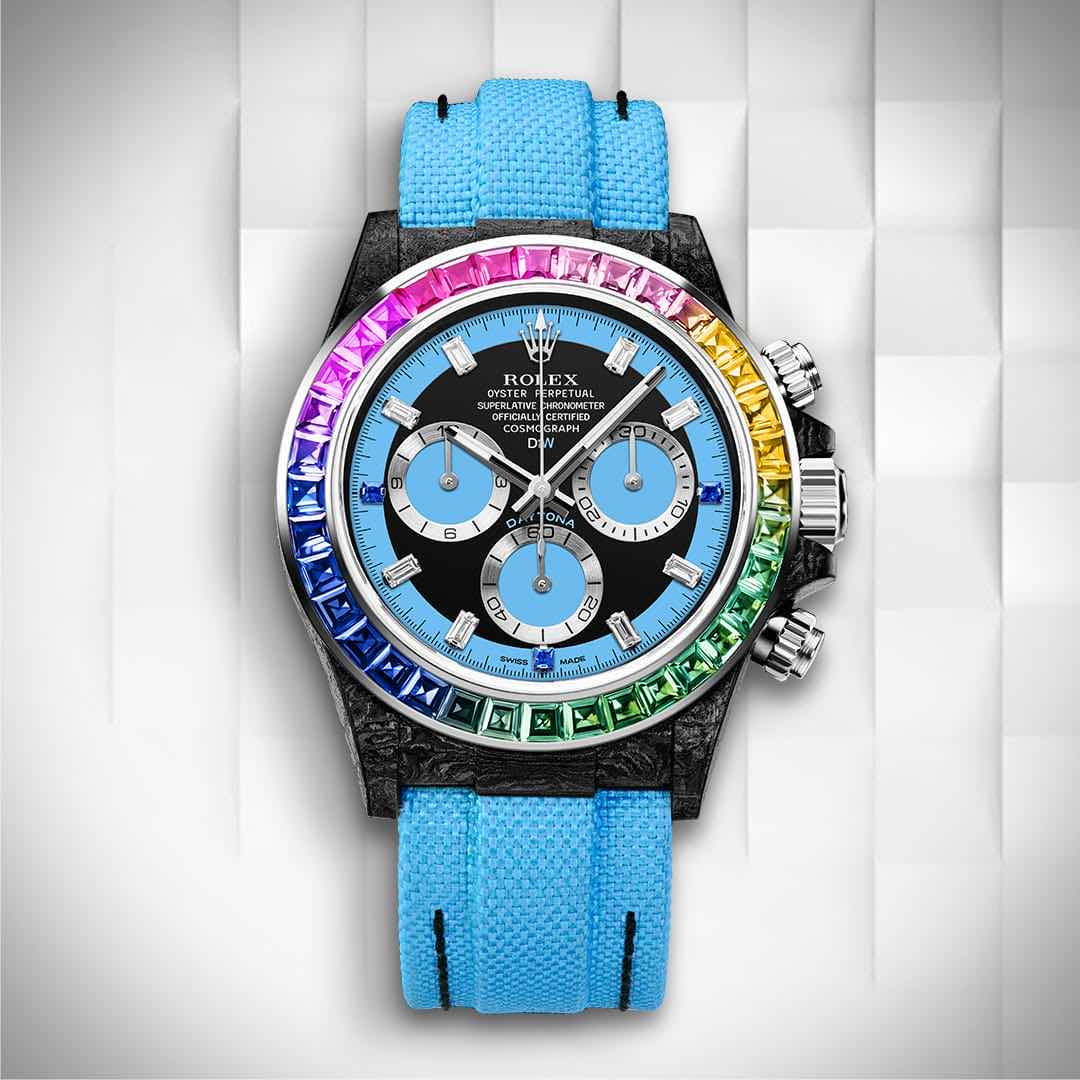 DiW Rolex Daytona RAINBOW BLUE Baguette Bezel Watch 碳纖 勞力士 地通拿 | WORLDTIMER