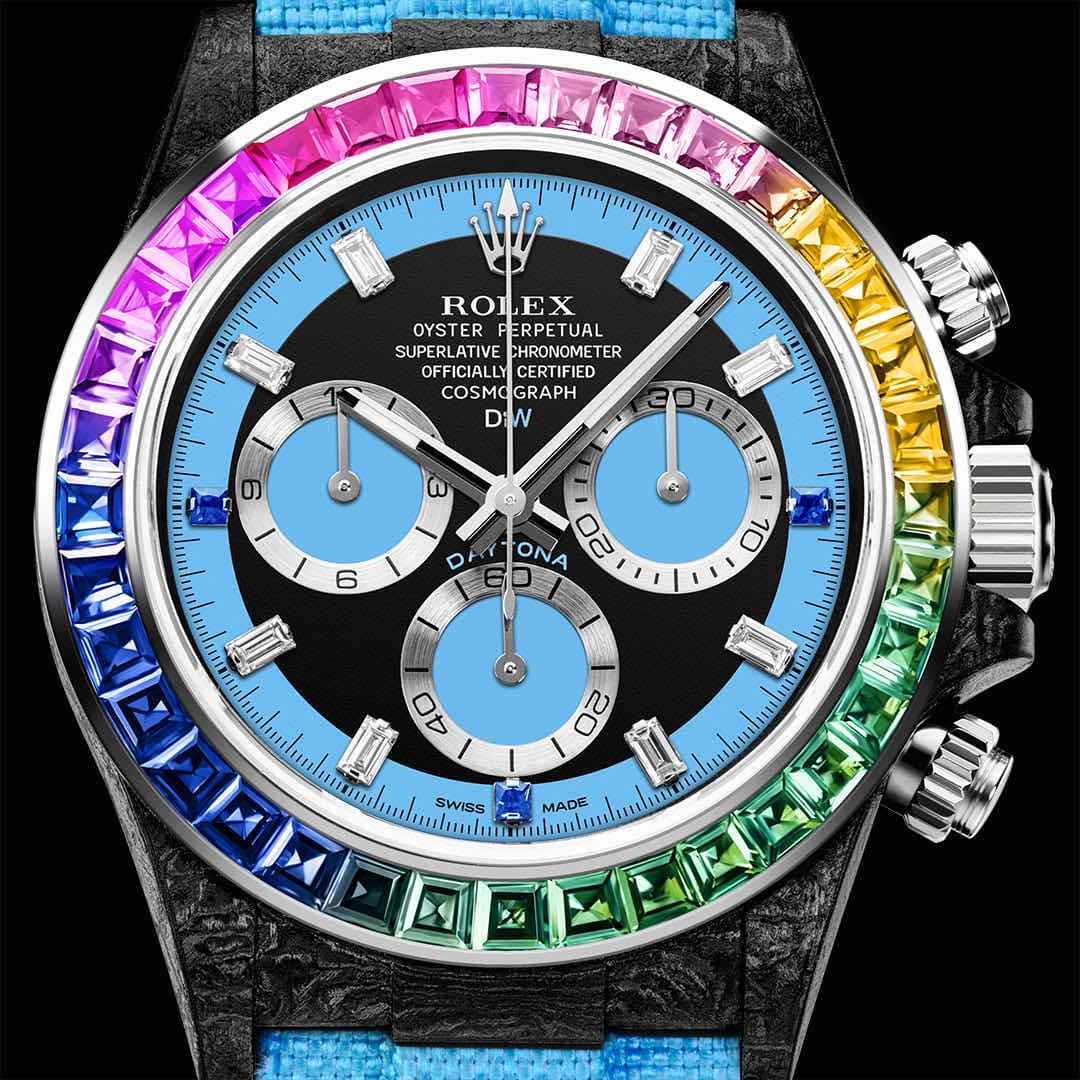 Rolex DiW Daytona RAINBOW BLUE Baguette Bezel Watch 碳纖 勞力士 地通拿 | WORLDTIMER